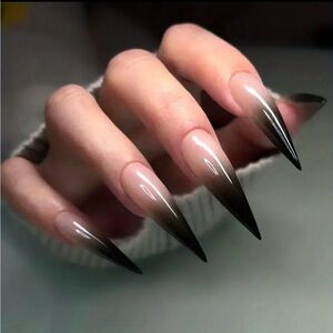 NWT Long Stiletto Black Ombre Press On Nails French Tip reusable 24 pc set med